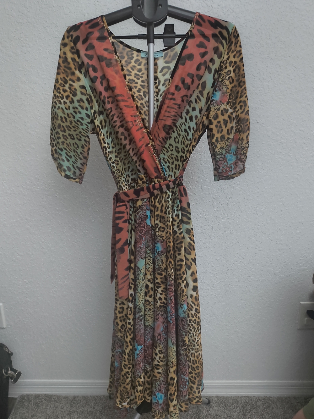 Sexy Diva Women’s Leopard Paisley Faux Wrap Midi Dress Tie Waist 3/4 Sleeve